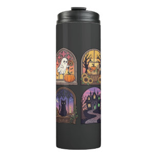 Halloween Gothic-Fenster-Geist-Kürbis-Schwarze Kat Thermosbecher