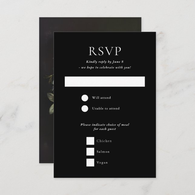 Halloween Gothic Skull Floral Black Wedding RSVP Karte (Vorne/Hinten)