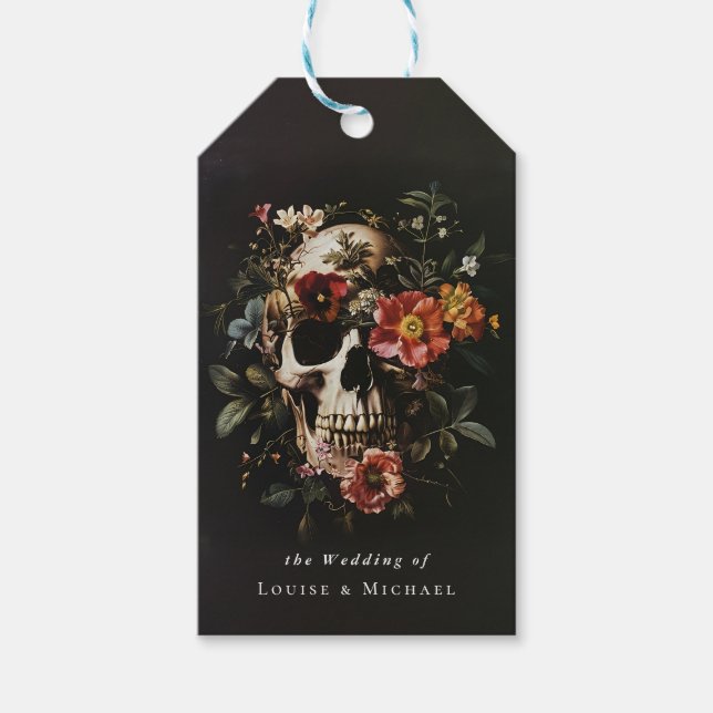 Halloween Gothic Skull Floral Wedding Geschenkanhänger (Vorderseite)
