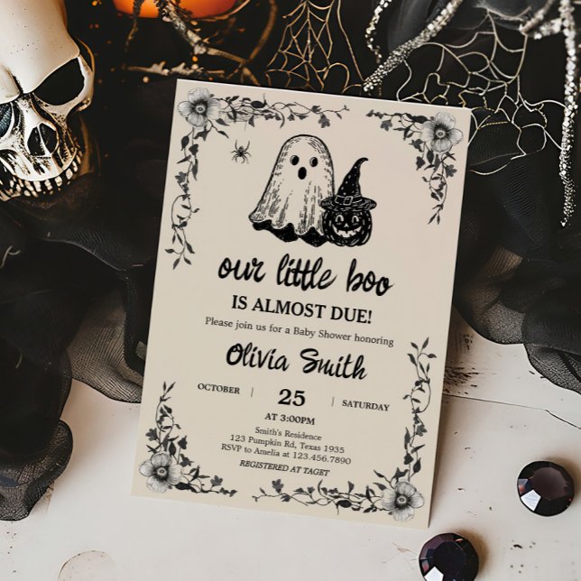Halloween Gothic Vintag Baby Shower Einladung (Black Floral Gothic Little Boo Baby Shower Invitation)