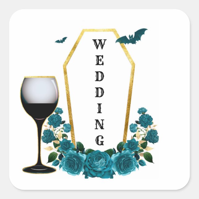 Halloween Gotische Aquamarine Goldcoffin-Blumenhoc Quadratischer Aufkleber (Vorderseite)