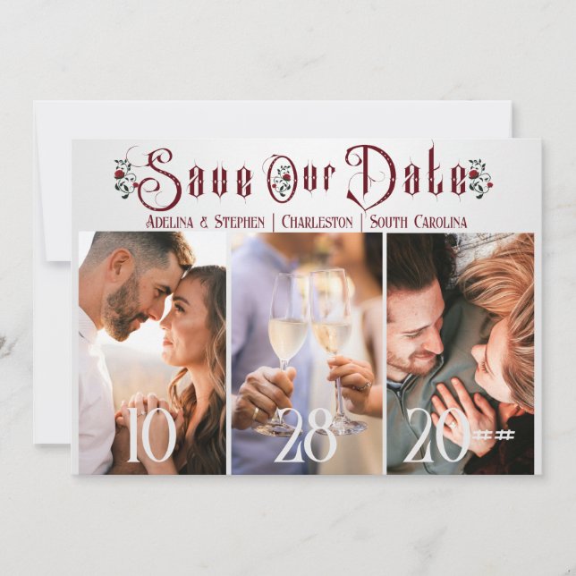 Halloween Gotische Script-Rose Drei Foto Hochzeit Save The Date (Vorderseite)
