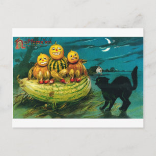 Halloween Gourd People and Cat Postkarte