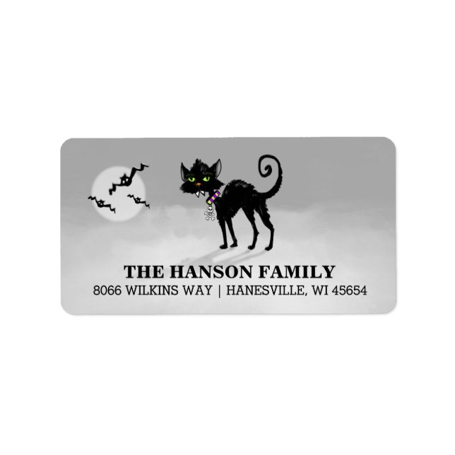 Halloween Grau-Adressetikett - Schwarze Katze Adressaufkleber (Vorne)