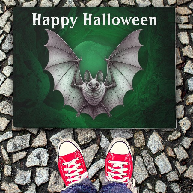 Halloween Graue graue Flechtbohne Grüne Höhle Fußmatte (Spooky grey flying bat green glowing cave on Happy Halloween door mat.)