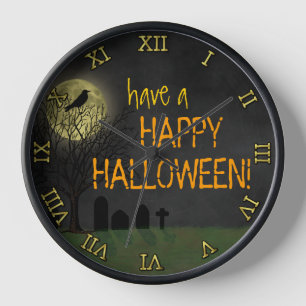 Halloween - Graveyard Crow and Moon Custom Text Wanduhr
