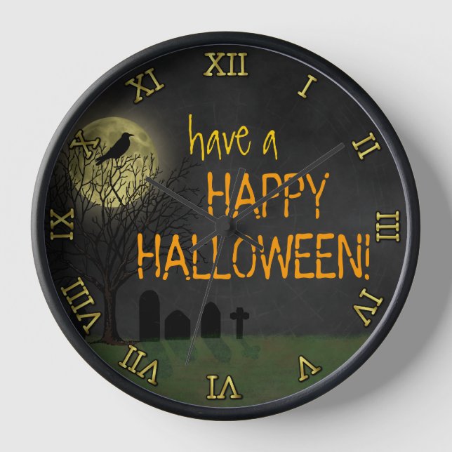 Halloween - Graveyard Crow and Moon Custom Text Wanduhr (Vorderseite)