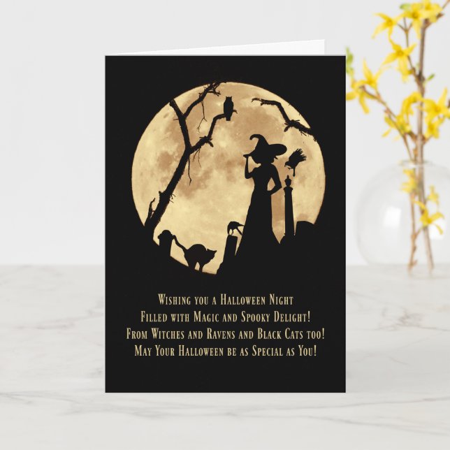 Halloween Graveyard Owl Cat Ravens and Moon Karte (Gelbe Blume)