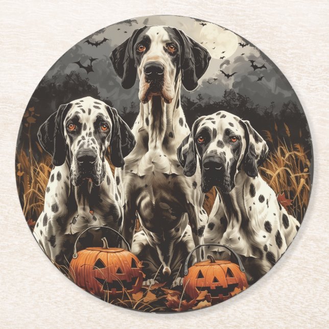 Halloween Great Dane Dogs Kürbislaterne Runder Pappuntersetzer (Vorderseite)