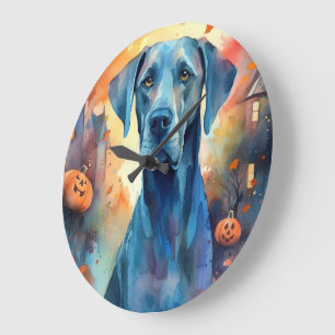 Halloween Great Dane mit Pumpkins Beängstigend Große Wanduhr
