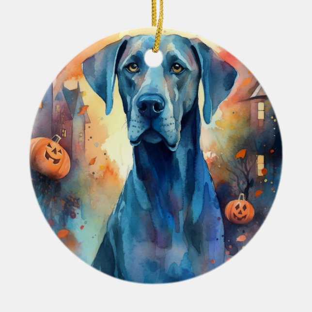 Halloween Great Dane mit Pumpkins Beängstigend Keramik Ornament (Vorne)