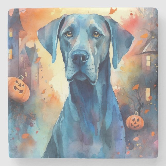 Halloween Great Dane mit Pumpkins Beängstigend Steinuntersetzer (Vorderseite)