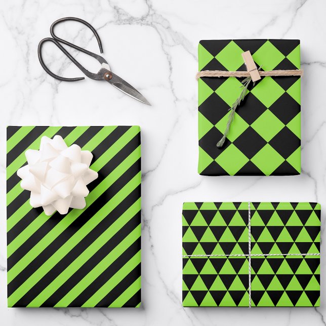 Halloween Green Black Modern Pattern Benutzerdefin Geschenkpapier Set (Halloween Green Black Modern Pattern Custom Text Wrapping Paper Sheets)