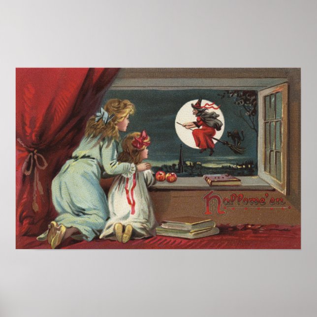 Halloween GreetingHexe aus dem Fenster Poster (Vorne)