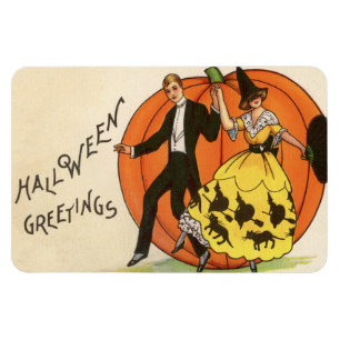 Halloween Greetings Dancing Couple Pumpkin Vintag Magnet
