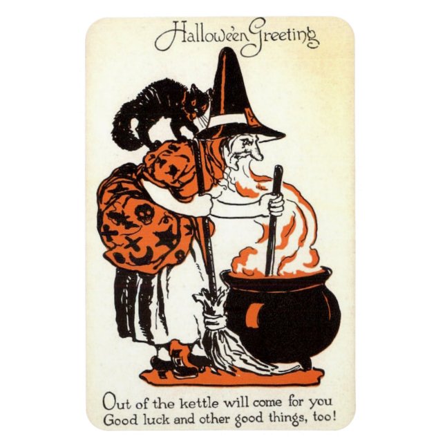Hallowe'en Greetings Hexe und Kettle Vintag Magnet (Vertikal)