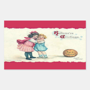 Hallowe'en Greetings Kinder und Pumpkin Vintag Rechteckiger Aufkleber