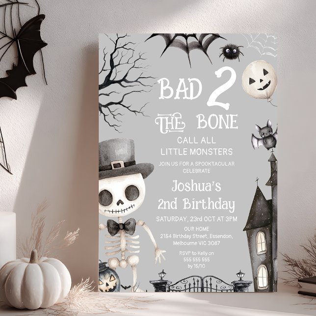 Halloween Grey Two The Bones 2. Geburtstag Einladung (Halloween Bad Two The Bone 2nd Birthday Invitation, Bad Two the Bone Birthday Invitation Template)