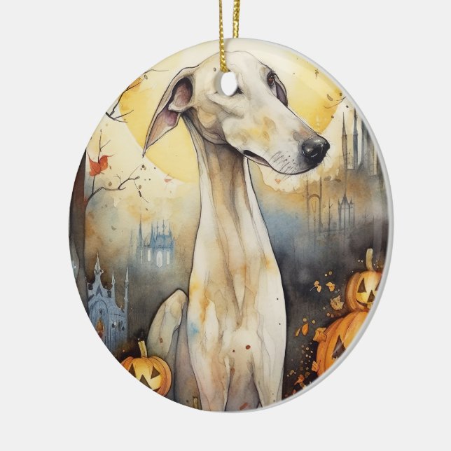 Halloween Greyhound mit Pumpkins Beängstigend Keramik Ornament (Links)