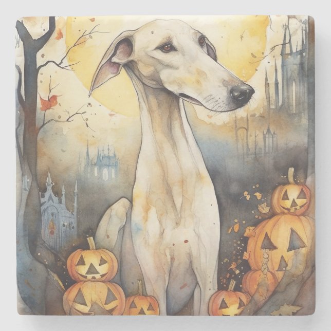 Halloween Greyhound mit Pumpkins Beängstigend Steinuntersetzer (Vorderseite)
