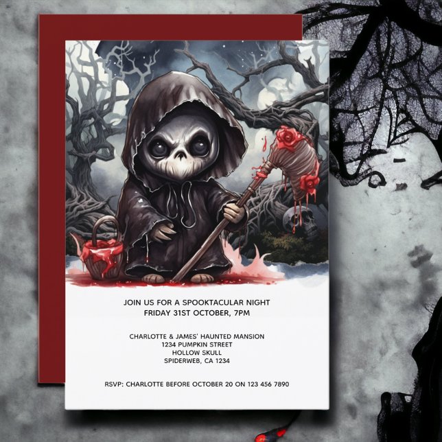 Halloween Grim Sensenmann Einladung (Halloween Grim Reaper Invitation from Ricaso. Features a cute grim reaper with a bloody scythe)