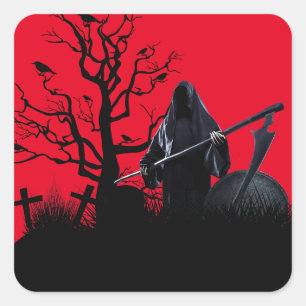 Halloween Grim Sensenmann Red Night Quadratischer Aufkleber
