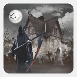 Halloween Grim Sensenmann Spuk House Quadratischer Aufkleber