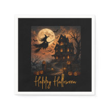 Halloween Gruselige Hexe fliegt über ein Spukhaus