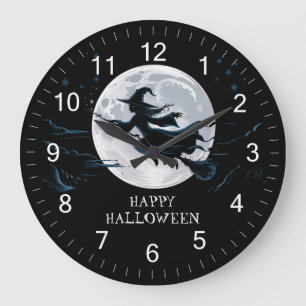 Halloween Gruselige Hexe fliegt über einen Vollmon Große Wanduhr