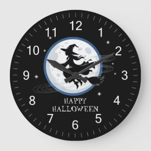 Halloween Gruselige Hexe fliegt über einen Vollmon Große Wanduhr