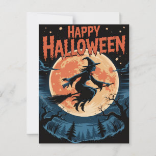 Halloween Gruselige Hexe fliegt über einen Vollmon Postkarte