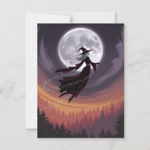 Halloween Gruselige Hexe fliegt über einen Vollmon Postkarte