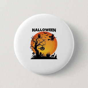 Halloween Gruseliger Baum Fliegende Hexe Orange Mo Button