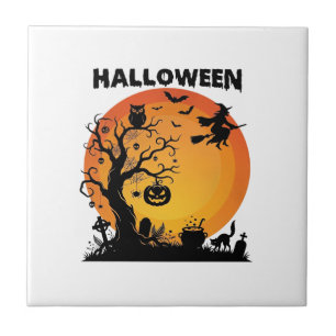 Halloween Gruseliger Baum Fliegende Hexe Orange Mo Fliese