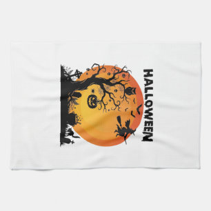 Halloween Gruseliger Baum Fliegende Hexe Orange Mo Geschirrtuch