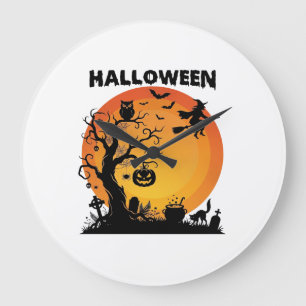 Halloween Gruseliger Baum Fliegende Hexe Orange Mo Große Wanduhr
