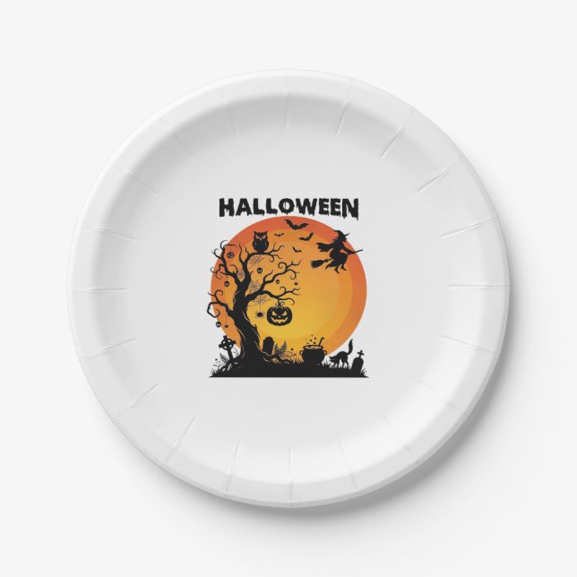 Halloween Gruseliger Baum Fliegende Hexe Orange Mo Pappteller (Vorderseite)