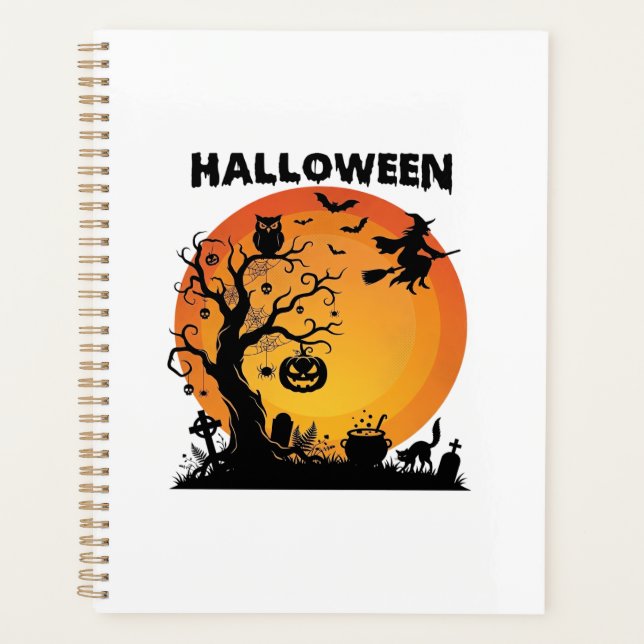 Halloween Gruseliger Baum Fliegende Hexe Orange Mo Planer (Vorderseite)
