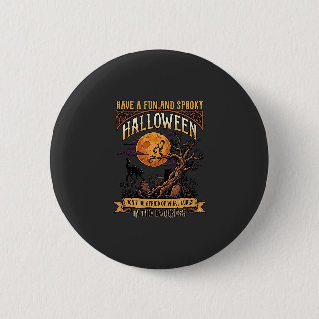 Halloween Gruseliger Baum Vollmond Schwarze Katze  Button (Vorderseite)