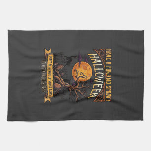 Halloween Gruseliger Baum Vollmond Schwarze Katze  Geschirrtuch