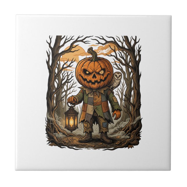 Halloween Gruseliger Kürbis Vogelscheuche Laterne  Fliese (Vorderseite)