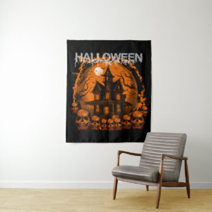 HALLOWEEN GRUSELIGER SPUKHAUS TOTENKÖPFE WANDTEPPICH