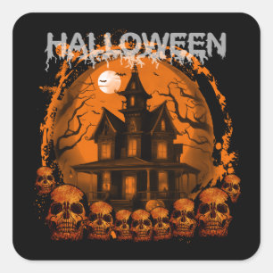 HALLOWEEN GRUSELIGES GEISTERHAUS TOTENKÖPFE QUADRATISCHER AUFKLEBER
