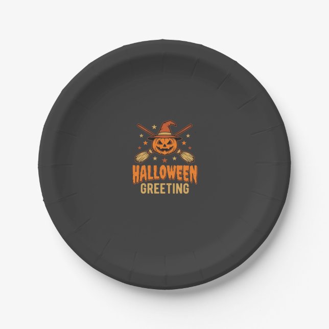 Halloween-Gruß Hexe Kürbis Vintage-Design Pappteller (Vorderseite)