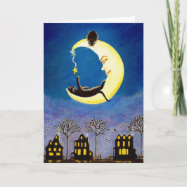 Halloween, Gruß, Karte, Schwarz, Katze, Hexe, Mond Karte