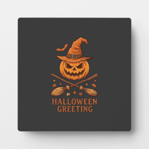 Halloween-Gruß-Kürbis-Hexenhut-gekreuzte Besen Fotoplatte