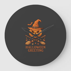 Halloween-Gruß-Kürbis-Hexenhut-gekreuzte Besen Große Wanduhr