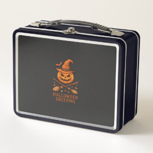 Halloween-Gruß-Kürbis-Hexenhut-gekreuzte Besen Metall Brotdose