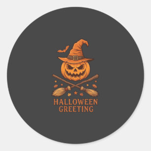 Halloween-Gruß-Kürbis-Hexenhut-gekreuzte Besen Runder Aufkleber