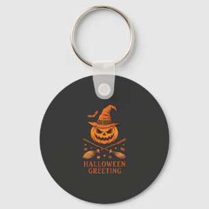 Halloween-Gruß-Kürbis-Hexenhut-gekreuzte Besen Schlüsselanhänger